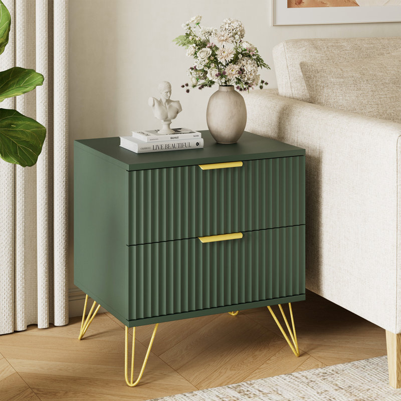 Table de chevet cannelée avec 2 tiroirs, Green