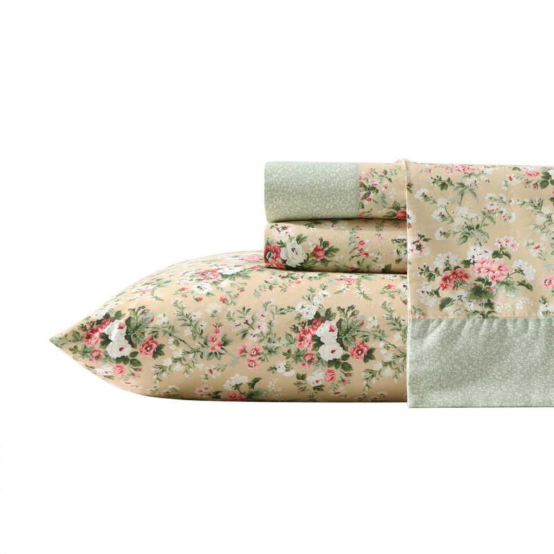 Laura Ashley Kate Cotton Printed Hem Blue Full Sheet Set, Twin Sheet Set with 1 Pillowcase, Brown Floral