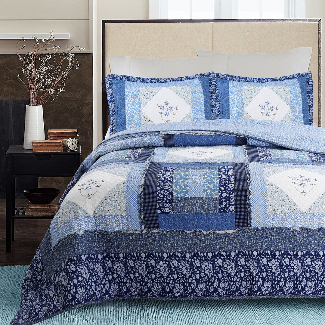 Charlotte Blue/Navy Reversible Farmhouse / Country 3 Piece Quilt Set Cozy Line Home Fashion