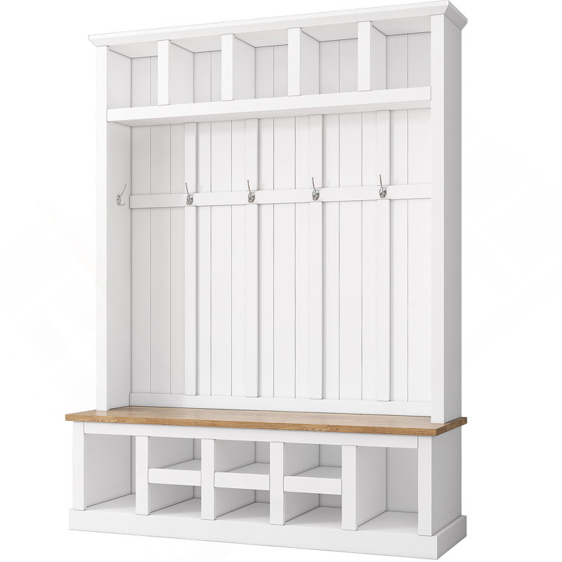 Farmhouse Wooden Style Hall Tree With Wide Storage Seating Bench, Entryway Shoe Cabinet With 13 Compartments, Elegant Coat Rack With 6 Hooks For Mudroom, Living Room, White (OLD SKU: SD000032AAK)