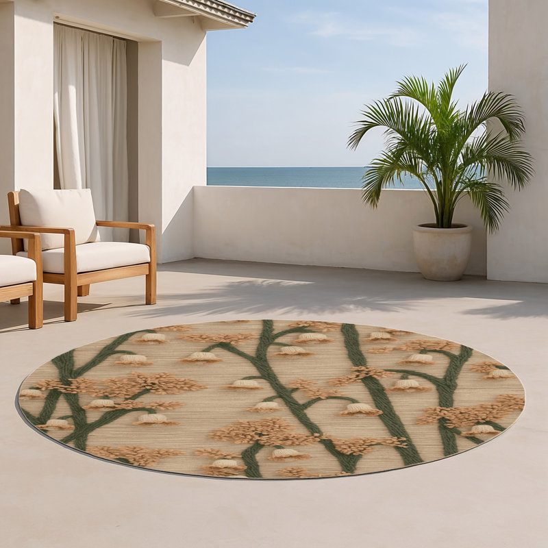Tapis d'intérieur et d'extérieur brun Botanical, Rond 5 pi