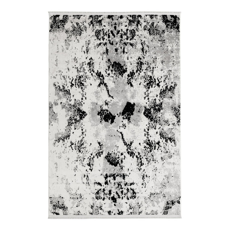 Tapis abstrait en polyester noir / blanc / gris Bralin, Rectangle 4 pi 1 po x 6 pi 1 po