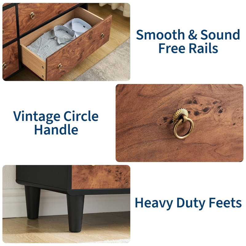 Commode 6 tiroirs pour la chambre à coucher 47 po de large commode moderne avec poignée en cercle rétro avec commode en bois à profil incurvé pour salon de chambre à coucher, couloir, entrée, chêne naturel