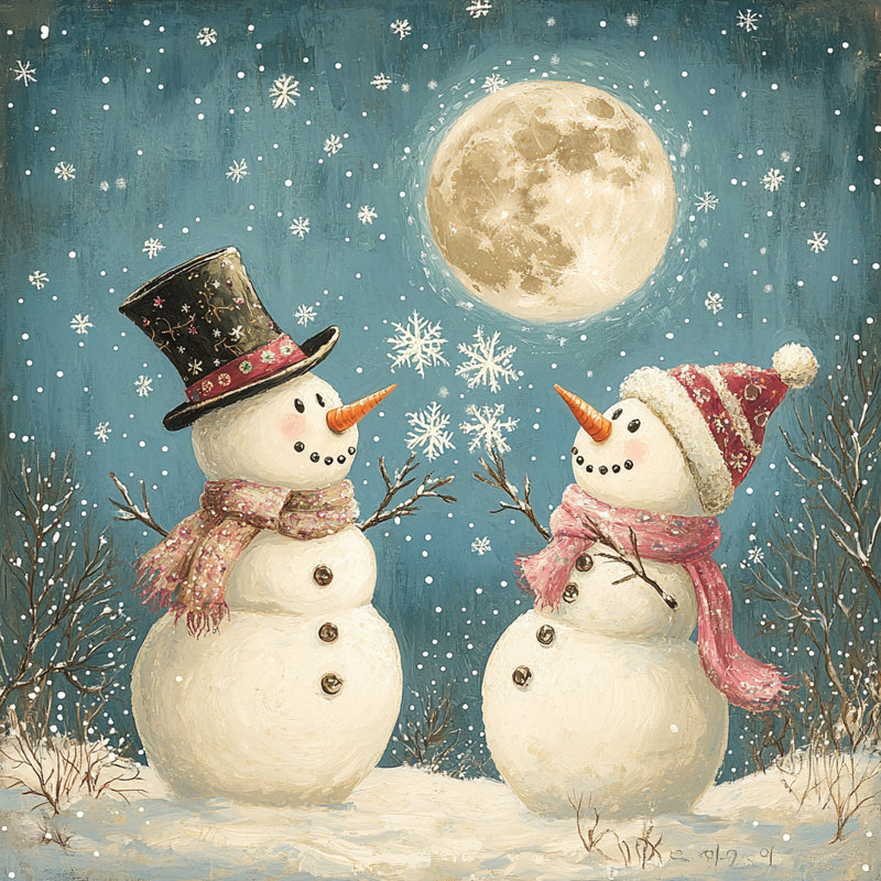 «Snowman Under Winter Moon», art mural sur toile tendue, 12 po x 12 po