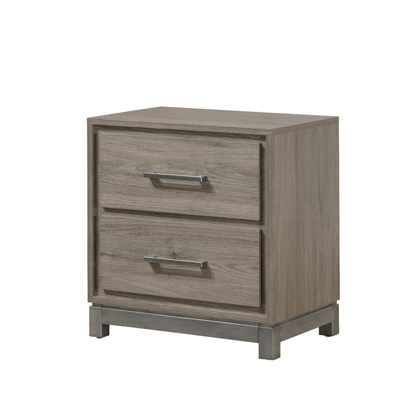 1Pc Contemporary 2-Drawer Storage Nightstand Metal Handle Grey Oak Finish