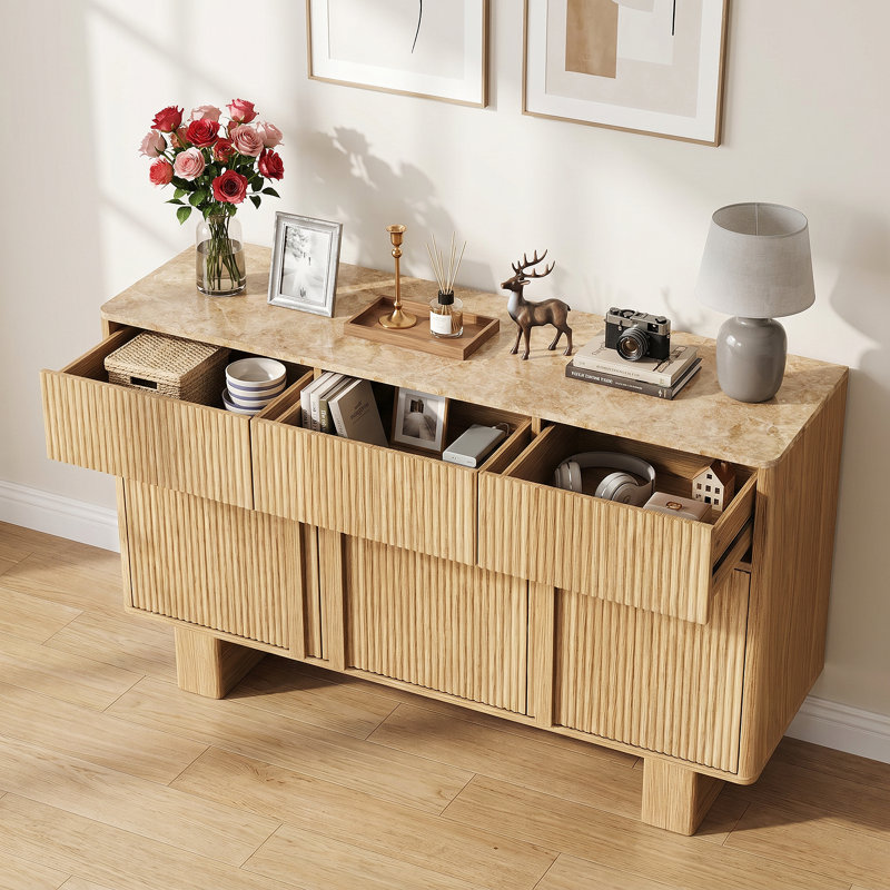 Buffet/crédence à 3 portes cannelées, 120 cm de large, tablette réglable, 30.7" H x 47.2’' W x 15.6'', Light Oak