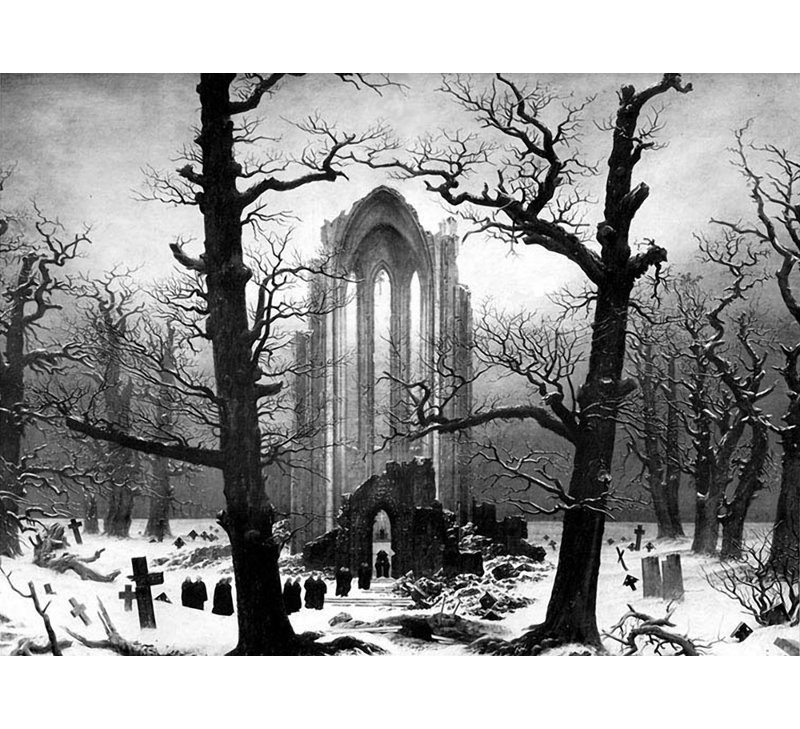 Couvent monastère dans la neige, H 17 po x l 24 po