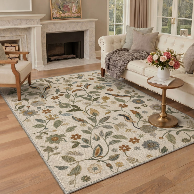 Tapis vintage à motif floral botanique, lavable à la machine, beige et vert, avec envers antidérapant, Rectangle 6 pi x 9 pi