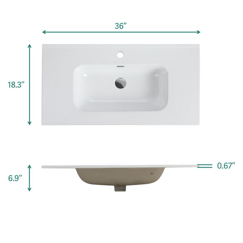 Meuble-lavabo mural TIA - lavabo en céramique, un trou, grand rangement, moderne, pré-assemblé, Blanc brillant, 36"