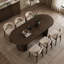 Table de salle à manger, forme ovale, double piédestal, bois massif et bois d'ingénierie, pieds en demi-lune, rainures verticales, finition grain, peut accueillir jusqu'à six personnes-2084236877