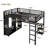 Queen Size Loft Bed Frame With Built-In Wardrobe, Metal Loft Bed With Desk And Storage Shelves, Black-18863743