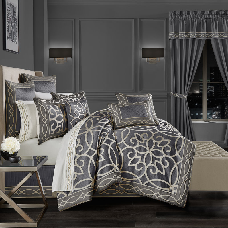 Queen Gray Jacquard Embroidered Bedspread Set