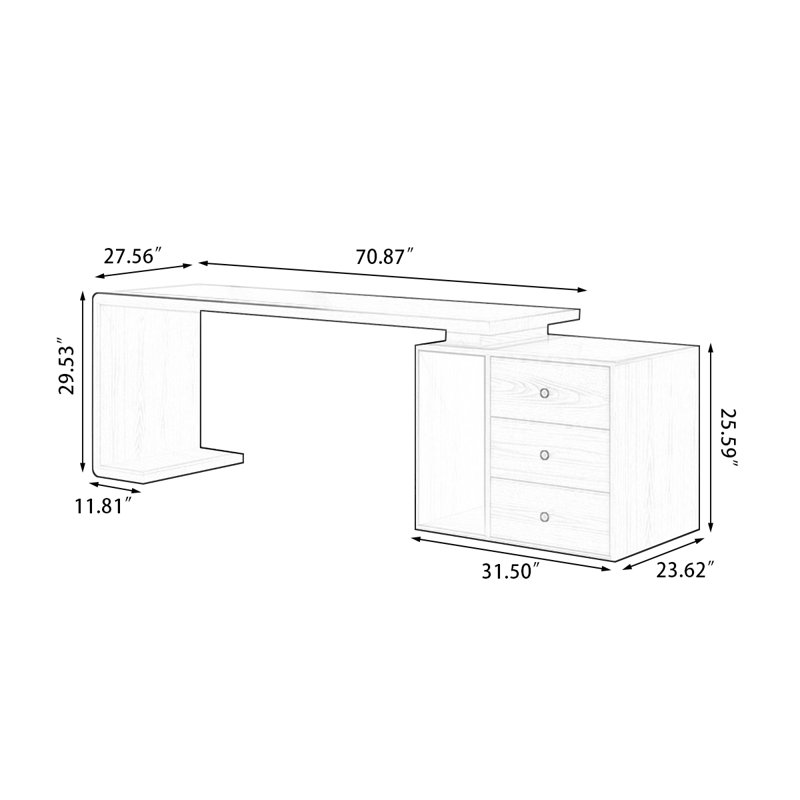 Bureau rectangulaire à 3 tiroirs en bois massif de couleur noyer clair, H 29,53 po x l 70,87 po x P 27,56 po
