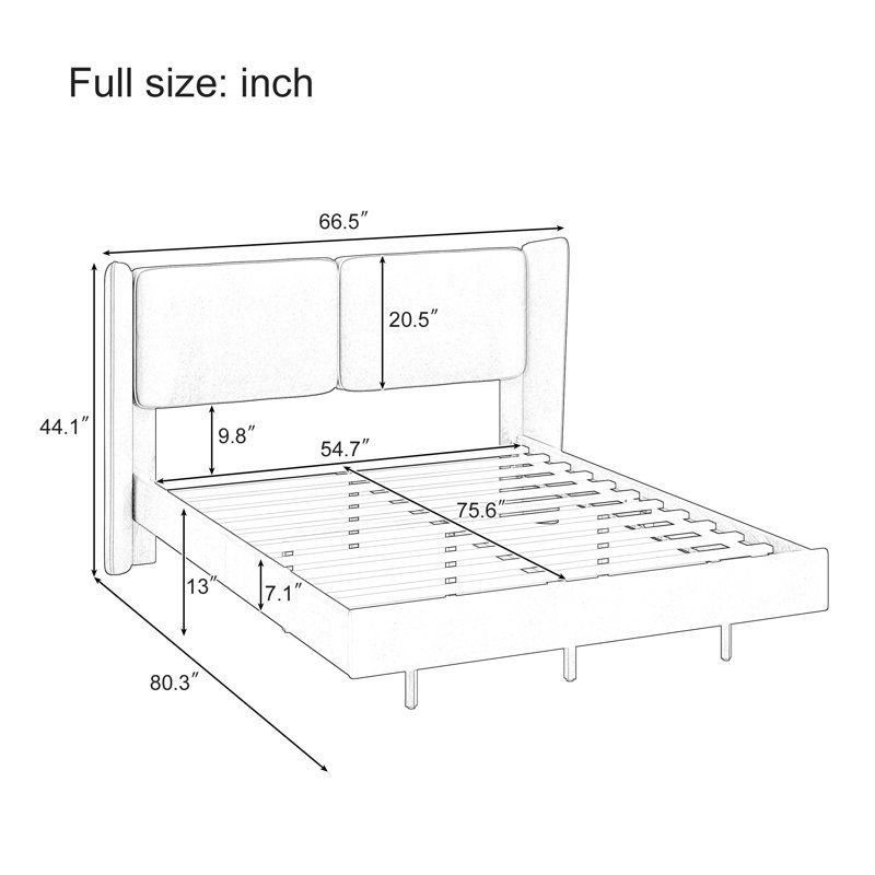 Modern Style Velvet Fabric Floating Bed Frame With LED Lights Wingback Upholstered Bed No Box Springs Needed, Size,, Full