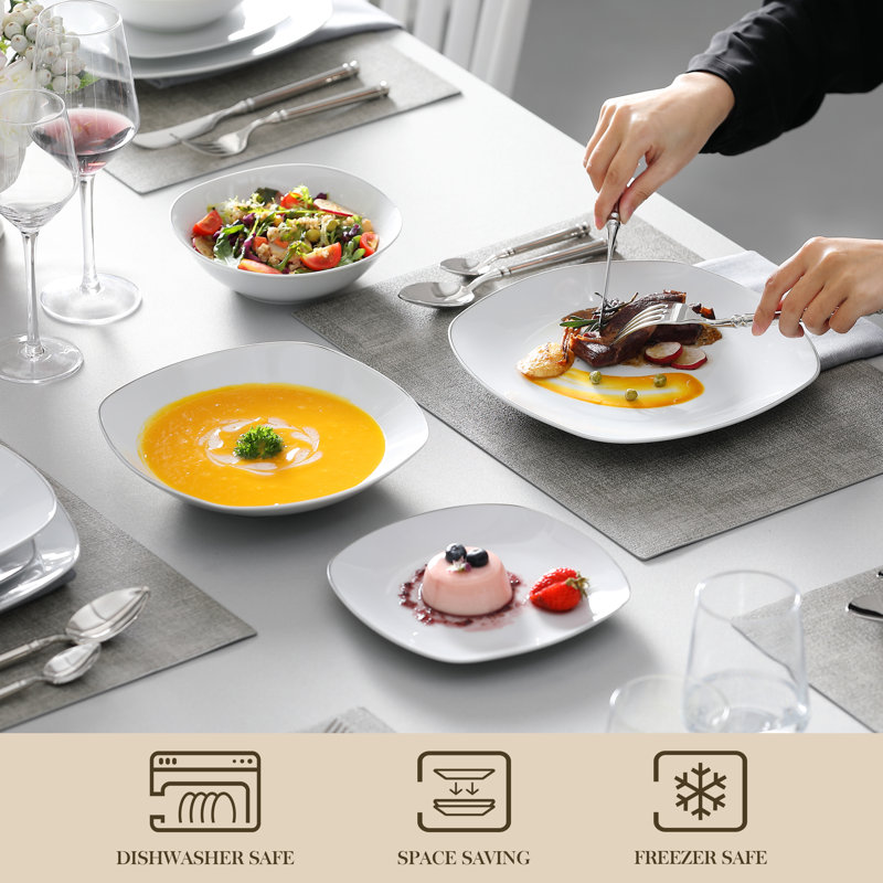 Piece Porcelain China Dinnerware Set - Service for 6, Silver/White
