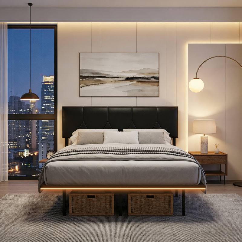Aether Upholstered Floating Bed Frame with Charging Shelves & Lighting, Metal Platform, No Box Spring Needed, King