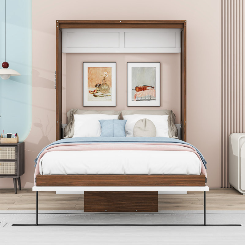 Lit escamotable double en bois avec bureau pliable et lattes, tête de lit, Noyer blanc