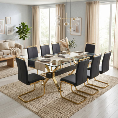 Aurora Luxe 79" Tempered Glass Dining Table Set with  Faux Leather High-Back Chairs - Modern Gold X-Base Design (Set of 9)