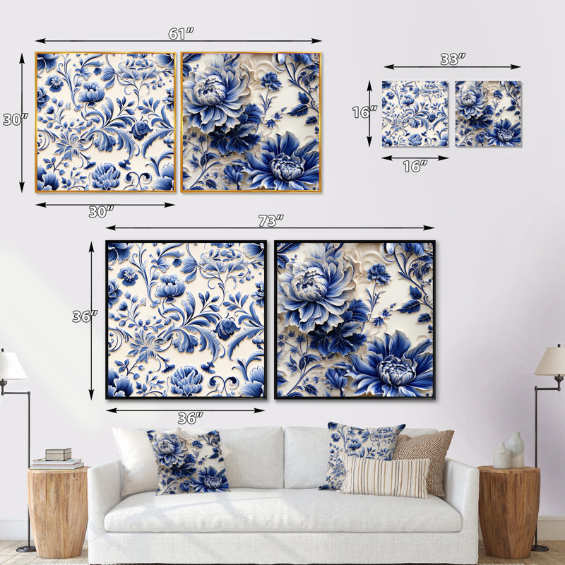 Cobalt bleu Renaissance Flourish Victorian, Cadre flottant brun, H 36 po x l 73 po