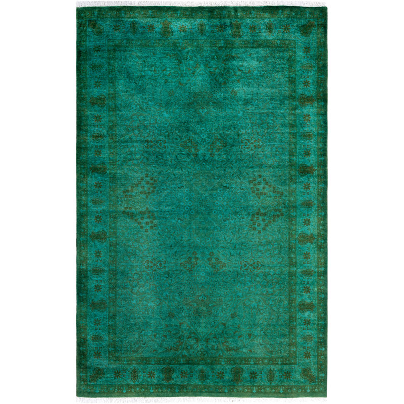 Overdyed Hand-Knotted Wool Modern-Contemporary Green Area Rug 4' 7" x 7' 2"