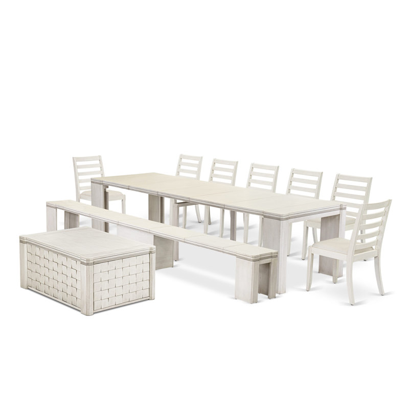 L'ensemble de 10 tables de cuisine comprend une table rectangulaire extensible, 1 table basse, 7 chaises empilables en polyester et 1 banc, blanc antique