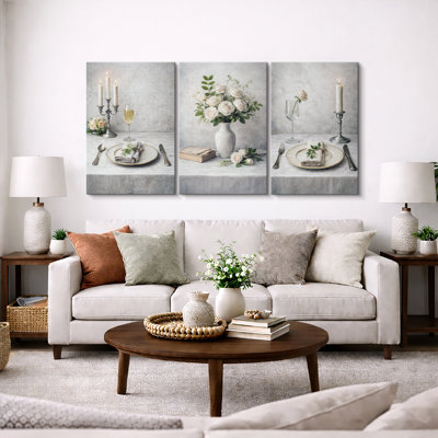 Elegant White Floral Table Setting Still Life Artwork, Dining Room Pictures, Framed Canvas Giclee Print 3 Pieces Wall Art