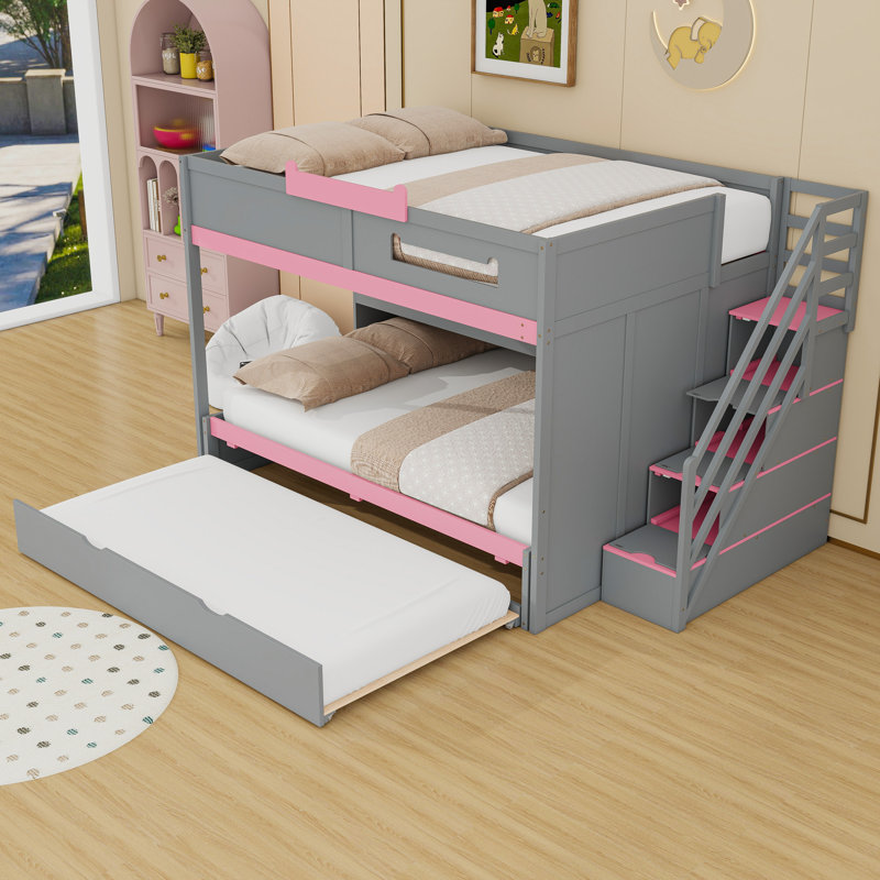 Lit superposé double au-dessus de double avec rangement pour escalier, tablettes à plusieurs niveaux et éclairage DEL, Gris