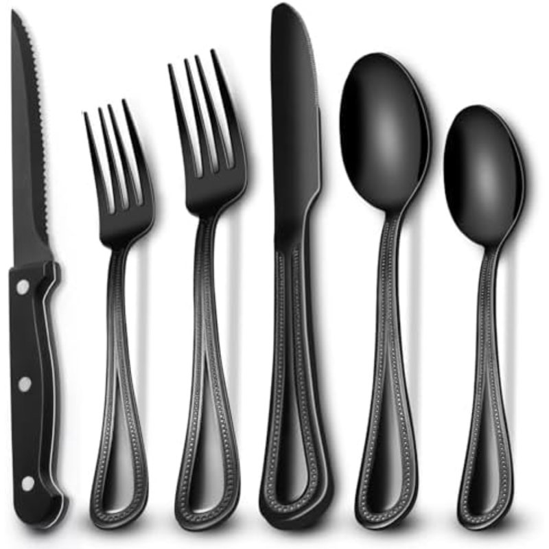 Ensemble de couverts 24 pièces avec couteaux à steak noir, ensemble de couverts noir pour 4 personnes, ensemble de couverts en acier inoxydable de qualité alimentaire, ensemble d'ustensiles à finition miroir pour restaurant maison, bord nacré