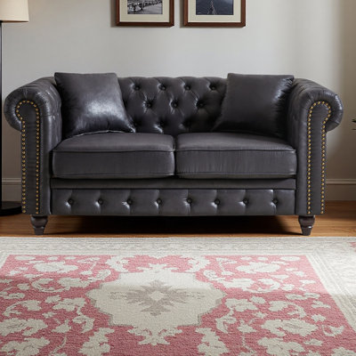 63.5" Contemporary Design Chesterfield Sofa, Tech Fabric Button Design Living Room Sectional, Button Tufted With Nail Design Arms With 2 Pillows, Upholstered Upholstery And Wooden Legs