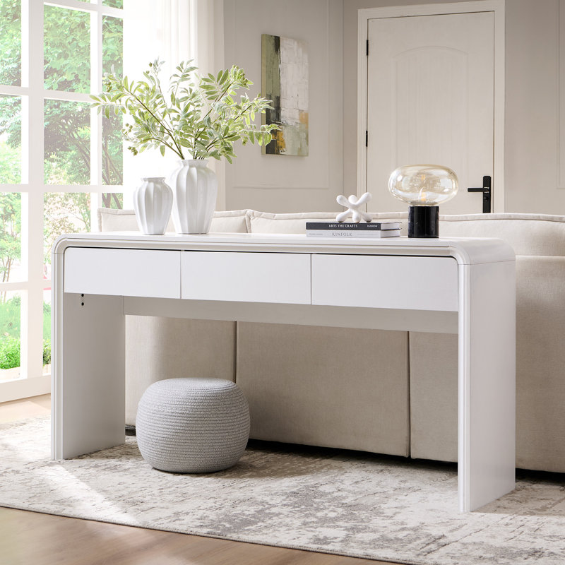 Maud 62.91" Wood Console Table with 3 Storage Drawers, Long Wood Sofa Table w/Curved Profile Design, White