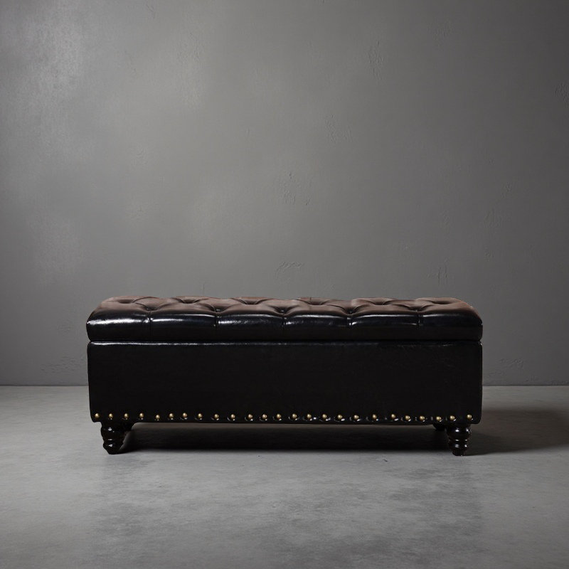 European classic tufted nailhead trim leather storage bench, Glossy Black