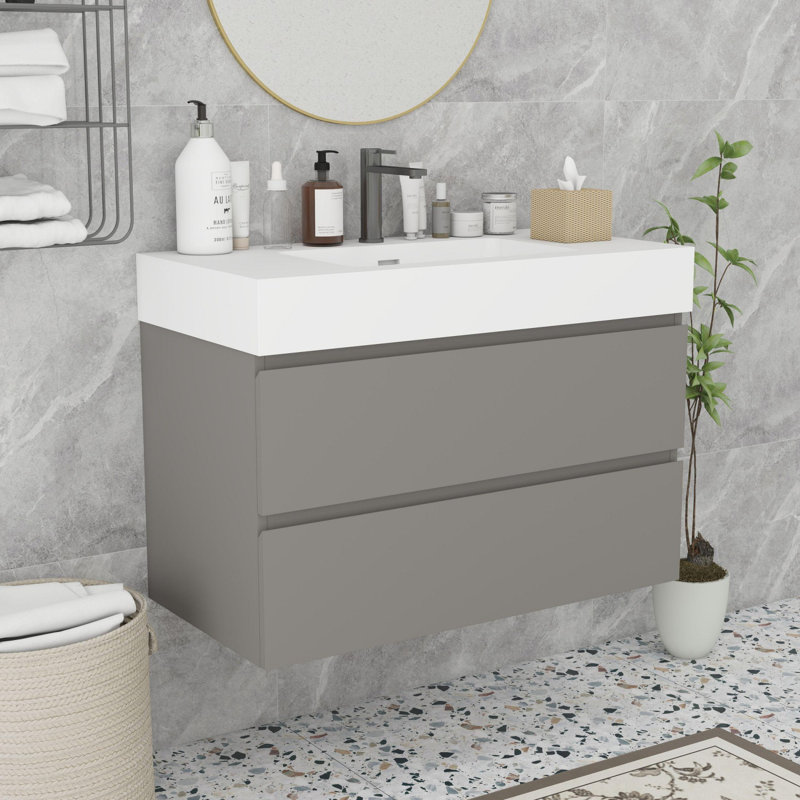 Meuble-lavabo moderne avec lavabo, Blanc, Gris