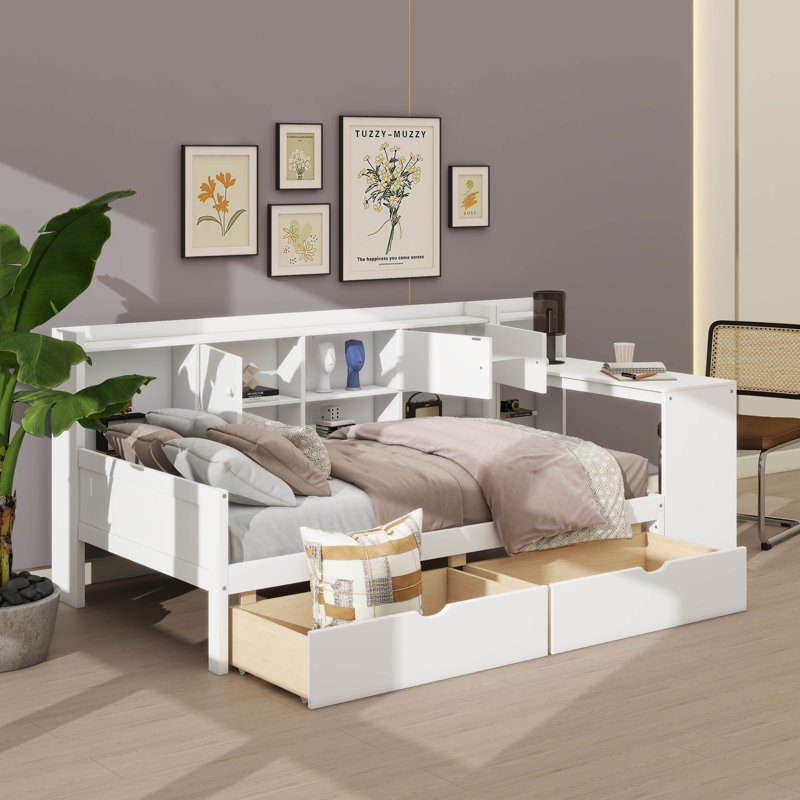Lit de jour simple en bois en forme de L avec sept espaces de rangement et deux tiroirs, lit multifonctionnel avec bureau d'étude intégré et bibliothèque