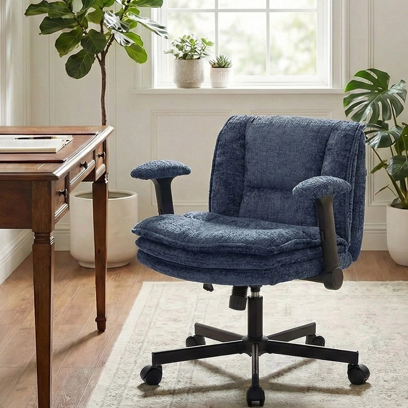 Criss Cross Chair with Flip-up Arms, Wide Criss Legged Chair with 3 Layer Cushion, Ergonomic Office Desk Chair with Wheels, Swivel Vanity Chair for Office, Living Room, Bedroom