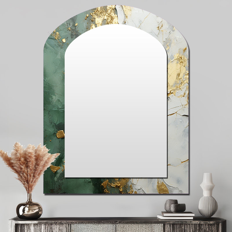 Gold And Green Paint Fusion - Abstract Painting Asymmetrical Mirror, Beige Arch Decorative Wall Mirror, Printed Metal Art