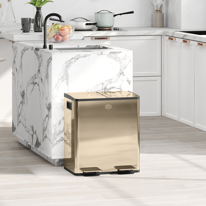  2 x 20L Dual Rubbish Bin Pedal Bin for Recycling and Waste, Gold Tone, Gold