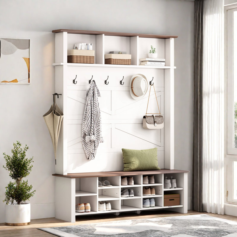 Farmhouse 4-in-1 Hall Tree With 6 Hooks, Entryway Bench With Adjustable Shelves, 16 Open Compartments And A Side Umbrella Rack