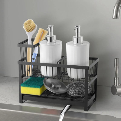 Organisateur pour évier de cuisine avec bec rotatif à 360 °, éponge double et support pour détergent, organisateur d'évier en acier au carbone antirouille pour brosses et articles essentiels