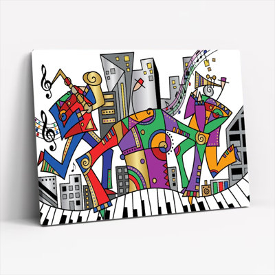 Colorful Abstract Musicians Playing Instruments On Piano Keys Canvas Wrapped Wall Art Oil Painting Print Set Of 1