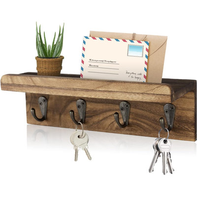 Rustic Key Holder for Wall, Farmhouse Wall Shelf with 4 Hooks, Wall Mounted Key Racks