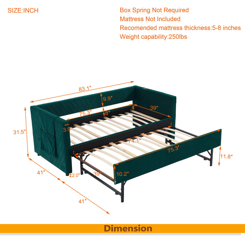Lit de jour simple rembourré avec lit gigogne, port USB, poches latérales, dossier à profil en V moderne, aucun sommier nécessaire, pour chambre à coucher, chambre d'amis