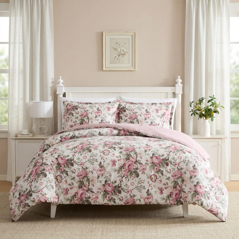 Ensemble d'édredon réversible en coton rose Laura Ashley Uffington Roses, Très grand lit