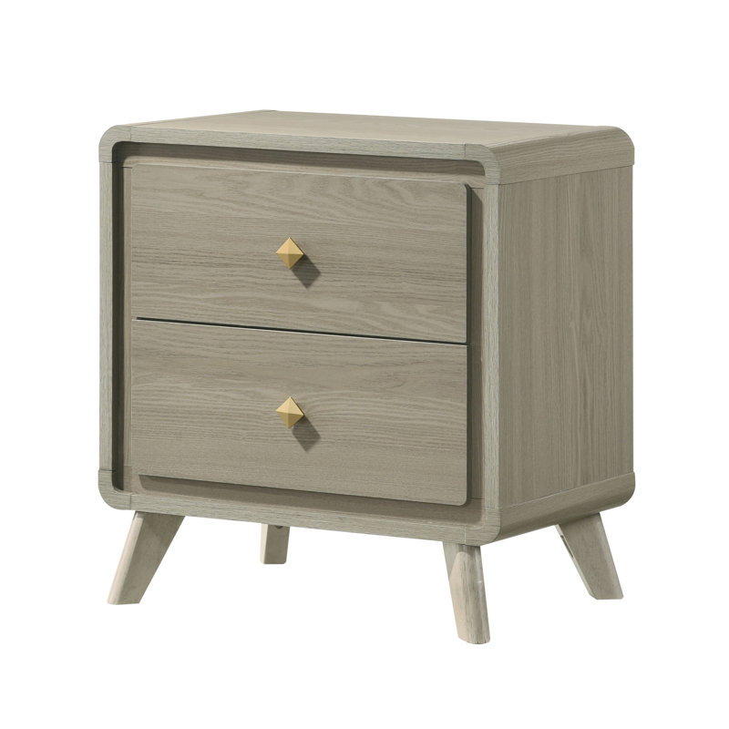 Table de chevet moderne 25 po pour chambre à coucher, table de chevet 2 tiroirs avec rangement, texture naturelle, bord arrondi