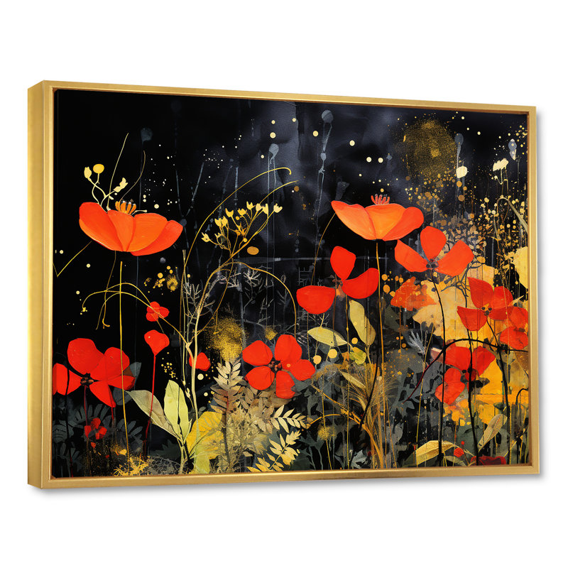 Art mural moderne orange et vert tropical - Collages abstraits, Cadre flottant doré, H 34 po x l 44 po x P 1,5 po