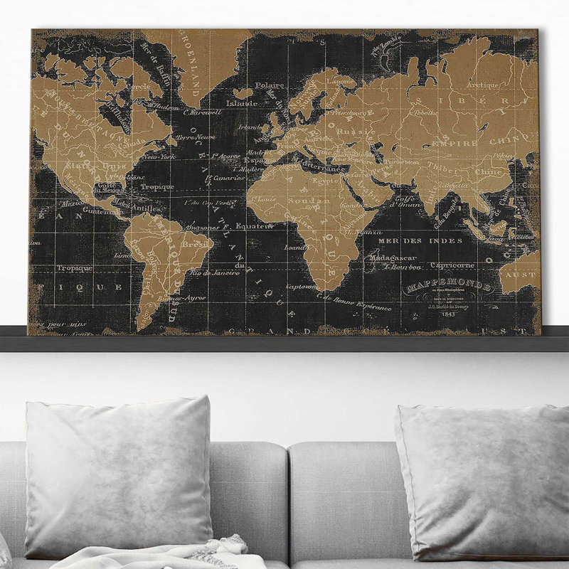 «Mappemonde Borderless Black Gold» par Pela Studio - impression, Toile tendue, H 36 po x l 60 po x P 1,5 po