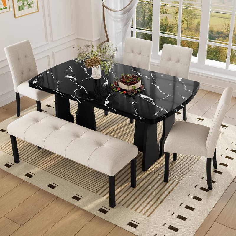 Ensemble de table de salle à manger 6 pièces avec chaises rembourrées et banc Lovejoy, Noir, Beige, Beige