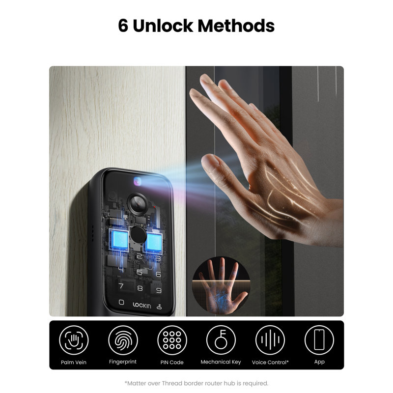 Serrure intelligente Lockin Veno Plus avec deux piles remplaçables, puissance de 6 mois, appareil photo 2K 180 ° et sonnette vidéo, entrée Palm Vein / empreinte digitale, Wi-Fi intégré, contrôle de l'application, aucun abonnement