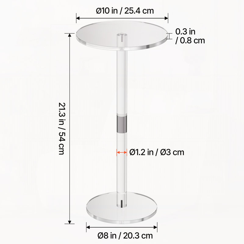 Table d'appoint en acrylique transparent, plateau rond avec pied, présentoir à gâteaux moderne, table d'appoint transparente pour café, boissons, nourriture, collations, montage facile, 25,4 x 25,4 x 54,1 cm (transparent)