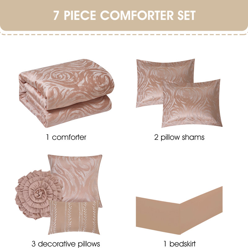 Ensemble d'édredon floral 7 pièces Alameda, Édredon de très grande taille et 6 pièces suppl, Rosé