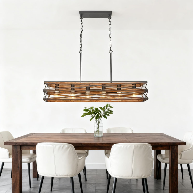 Grand lustre de style campagnard rectangulaire de 40 pouces à texture rétro en bois avec 6 lumières suspendues industrielles noires mat pour salle à manger et îlot de cuisine
